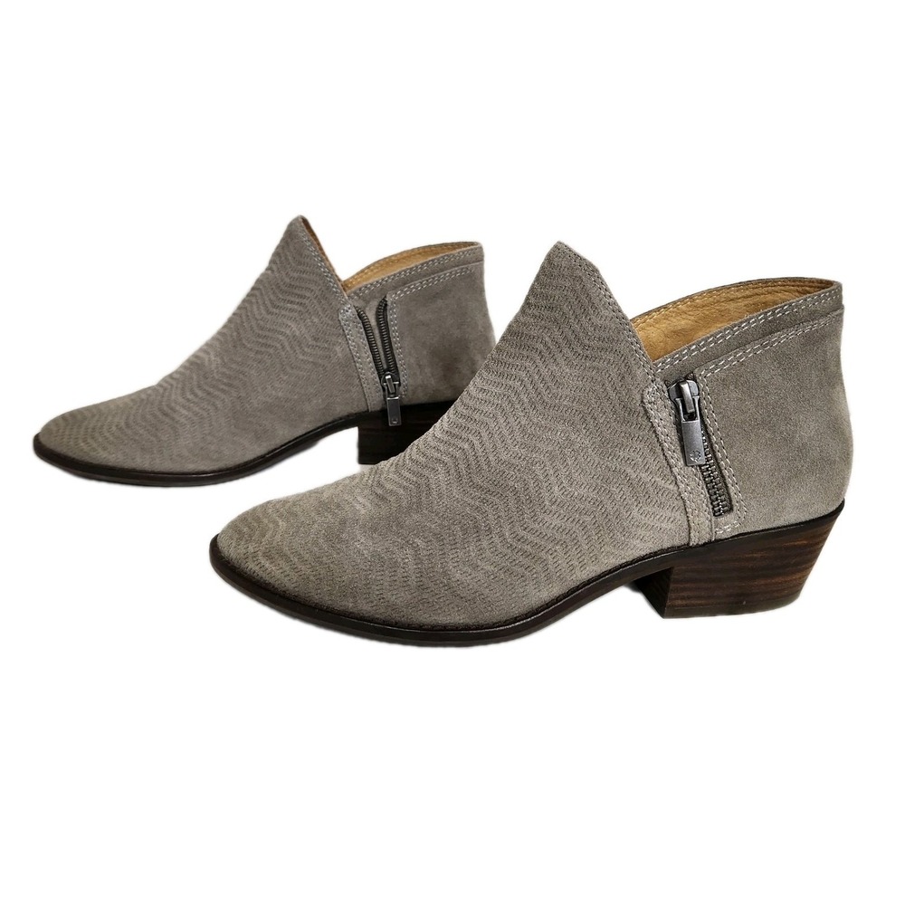 Lucky Brand Gray Suede Ankle Booties Womens 9.5 Side Zip Western Block Heel EUC